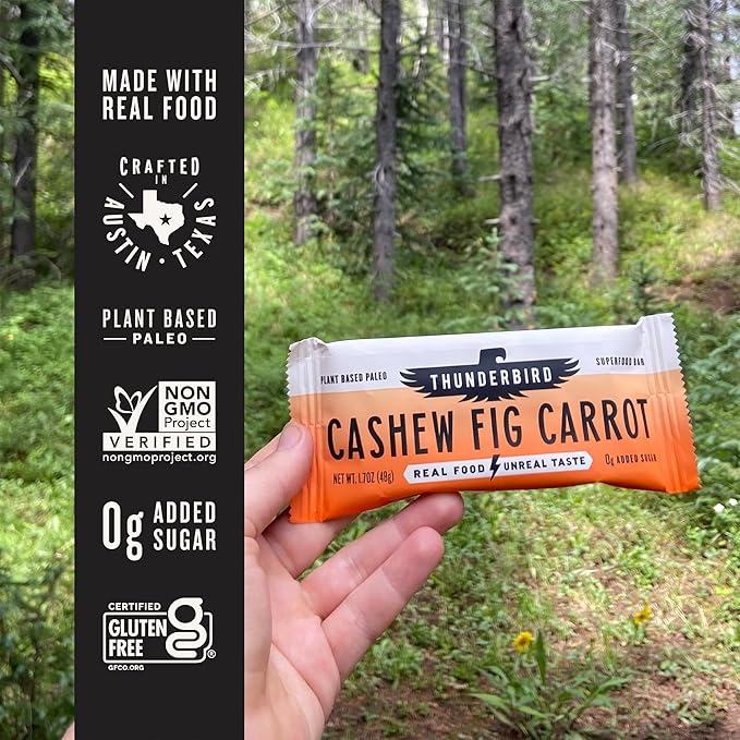 Thunderbird Bars Energy Snack, Gluten-Free with Protein, Healthy Real Food, Vegan Paleo Non-GMO, No Added Sugar, Cashew Fig Carrot Flavor (6 Count, 1.7 oz. Bars)