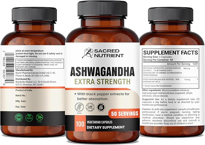 Ashwagandha Organic Extra Strength Supplement 300mg Extract 3000mg Herb), 100 Capsules