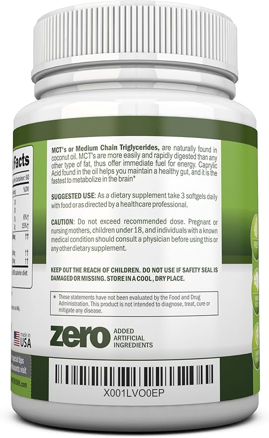MCT Oil - 3000mg Per Serving - 180 Softgels - Made from 100% Organic Coconuts - Non GMO, Cold Pressed, Paleo Friendly Capsules - Great for Focus & Gut Health