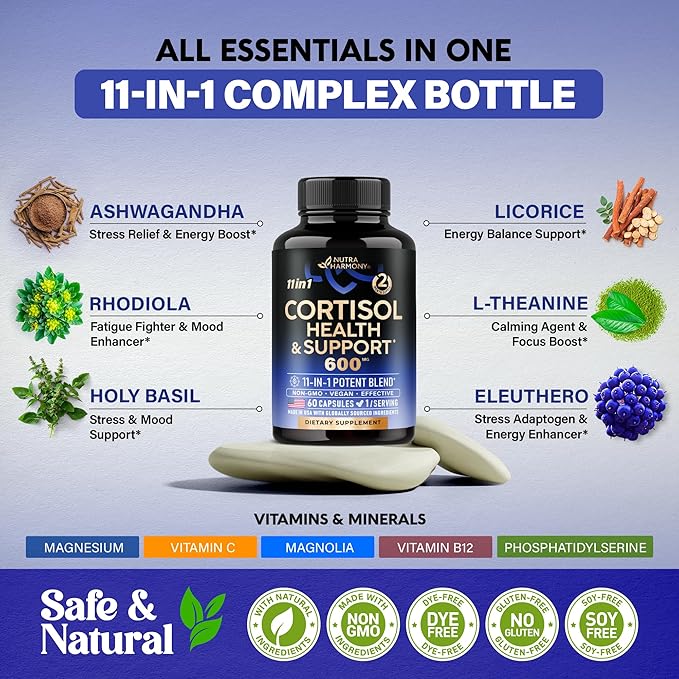 Cortisol Supplement - 11 in 1 Hormone Balance for Women - Made in USA Supplement - Mood, Focus, Sleep Support - Vegan, Non-GMO, Natural Pills - 60 Capsules, 2 Month Supply