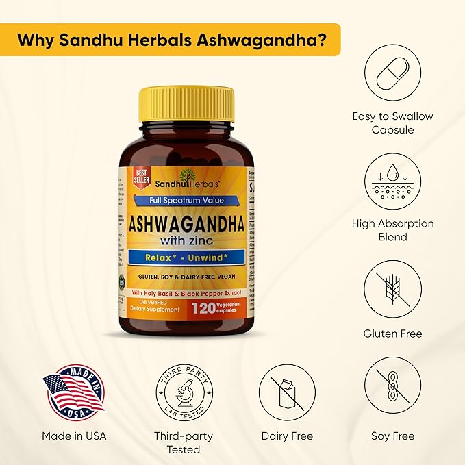 Sandhu Herbals Ashwagandha Supplement|120 Organic 4 1 Capsules, 2 months supply|8000mg with