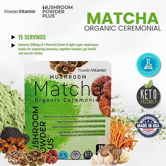 Organic Ceremonial Mushroom Matcha Certified Pesticide-Free Grass-Fed Collagen Types I & III, 8 Fruiting Body Mushrooms Tested for Beta-Glucans Focus Digestion & Immunity 15 Servings