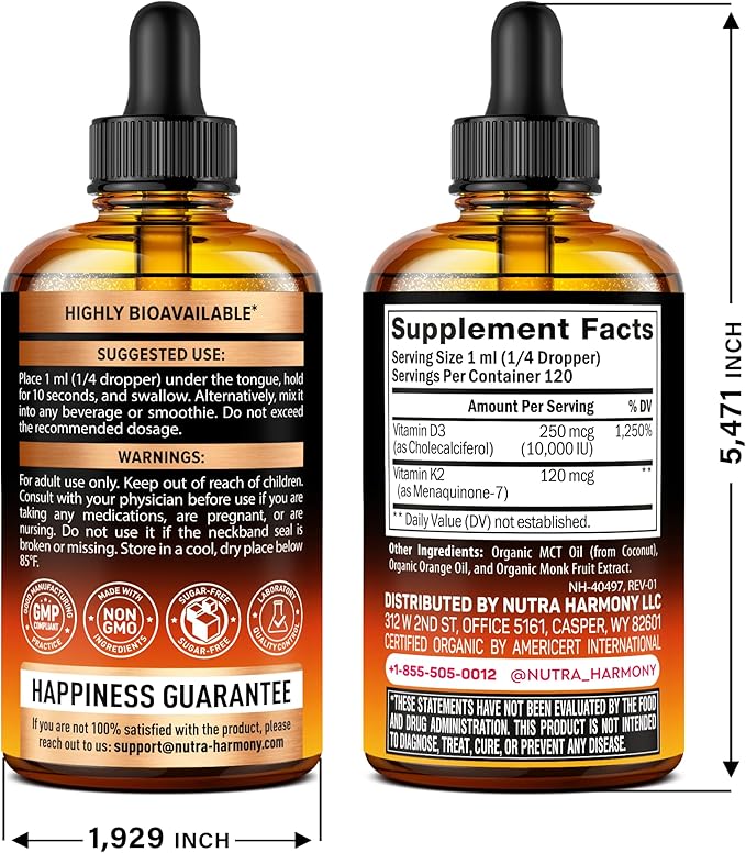 Vitamin D3 K2 USDA Organic Drops - Vitamin D3 10000 IU & K2 as MK-7 120mcg - Immune & Mood Support, Bone & Teeth Health - Sugar-Free Orange Flavor - Liquid Supplement - Made in USA - 4 FL OZ, 120 Days