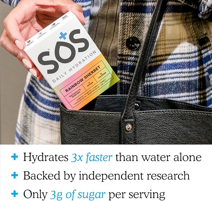 SOS Hydration Electrolyte Powder Drink Mix Packets | Daily Hydration & Energy | Added Essential Vitamins | Low Sugar | 24 Servings (Rainbow Sherbet)