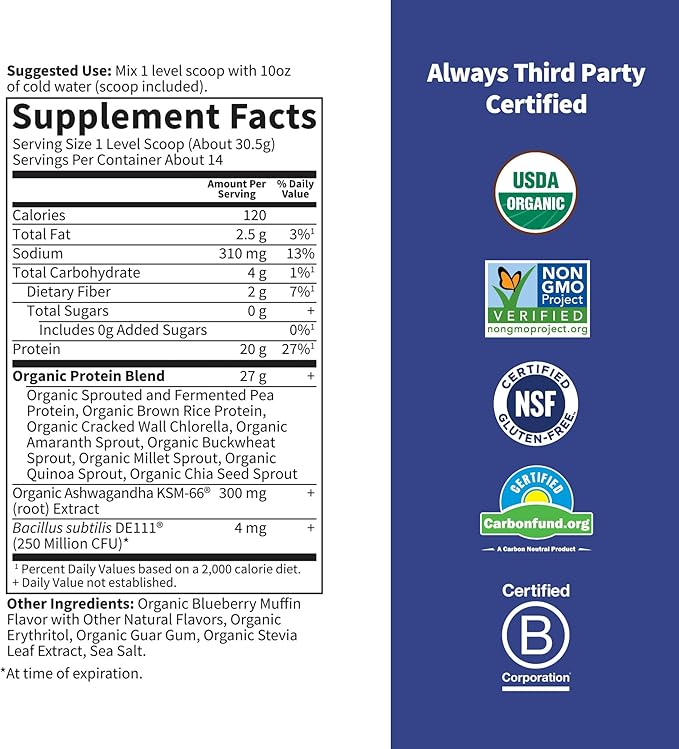 Garden of Life Functional Protein Stress Relief 20g Organic KSM-66, Vegan 14 Servings
