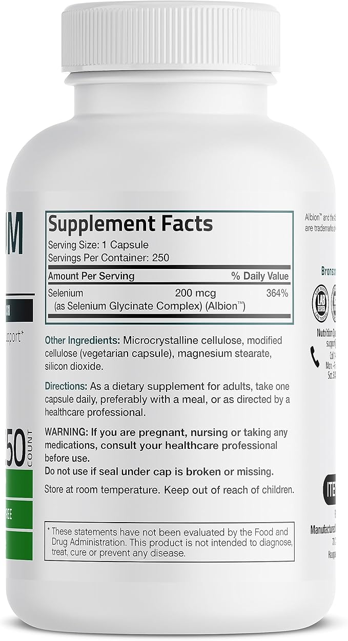 Bronson Selenium 200 mcg – Yeast Free Chelated Amino Acid Complex - Essential Trace Mineral with Superior Absorption, 250 Vegetarian Capsules