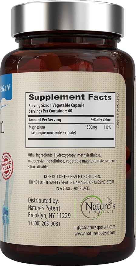 Nature's Potent Magnesium Supplements 500mg | 60 Veggie