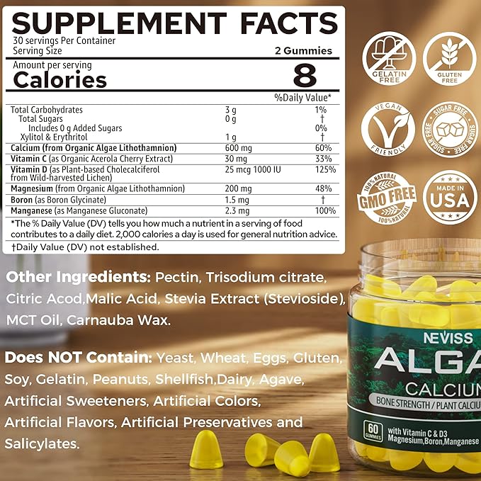 (2 Pack) Algae Calcium Gummies 600mg D3, C,