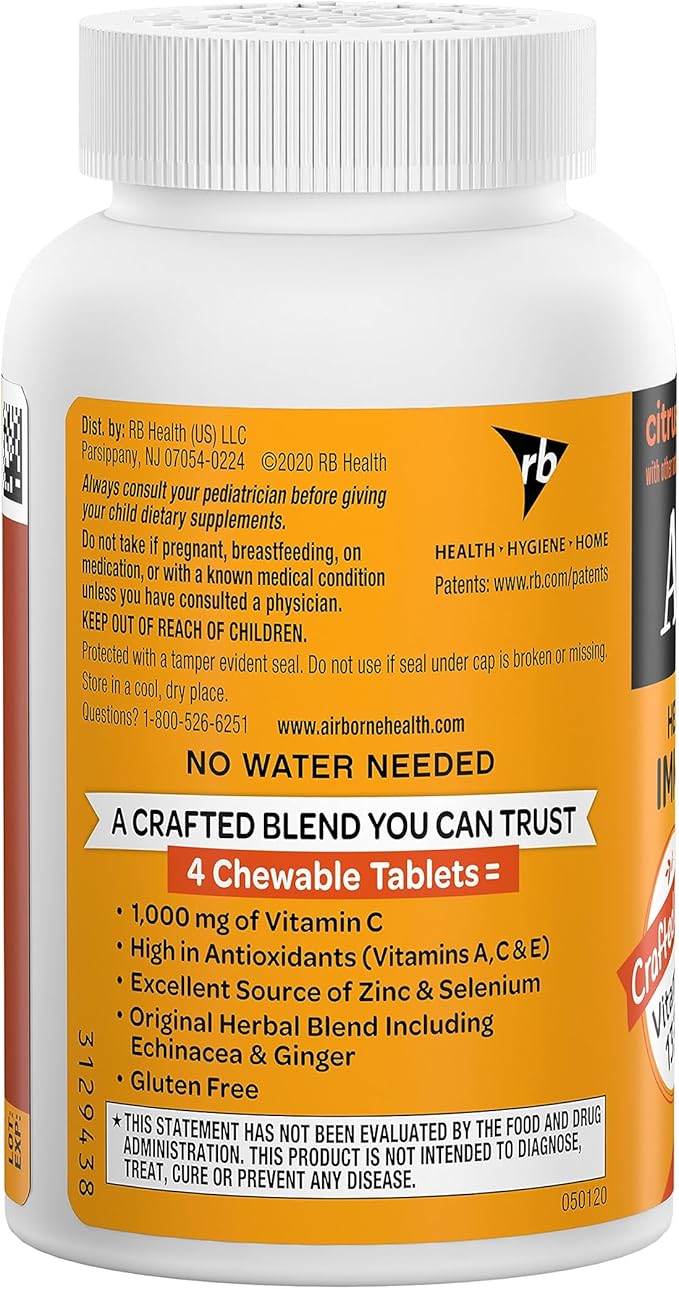 Airborne 1000mg Chewable Tablets with Zinc, 96 Tablets,