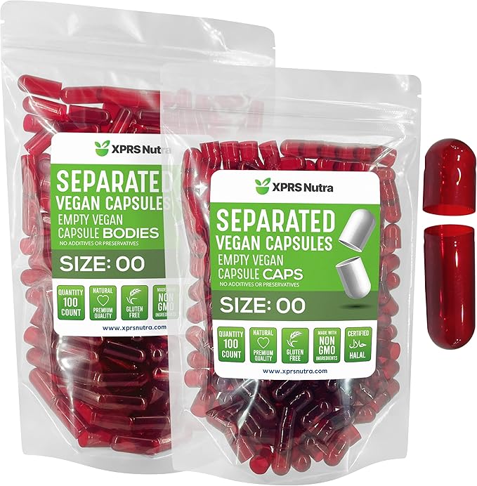 XPRS Nutra Vegan Size 00 Separated Capsules - 100 Count Premium Empty Capsules Separated in Bags - Separated Empty 00 Capsules - Pill Capsules Empty for DIY Supplement Filling (Clear Red)
