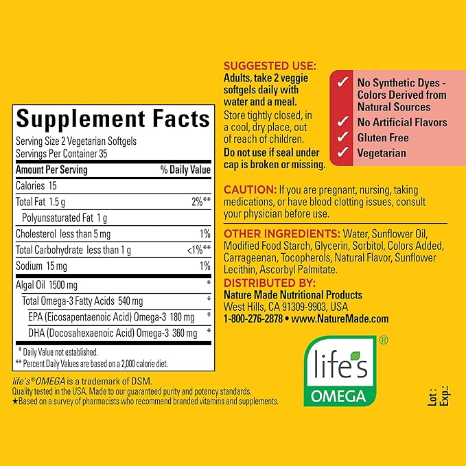 Nature Made Algae 540 mg Omega 3 Supplement, 3 Fish 70 Veggie