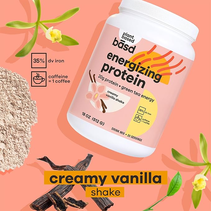 basd Energizing Protein, Vanilla Shake 20g Protein, 100mg Caffeine, 20 Servings, 512g Tub