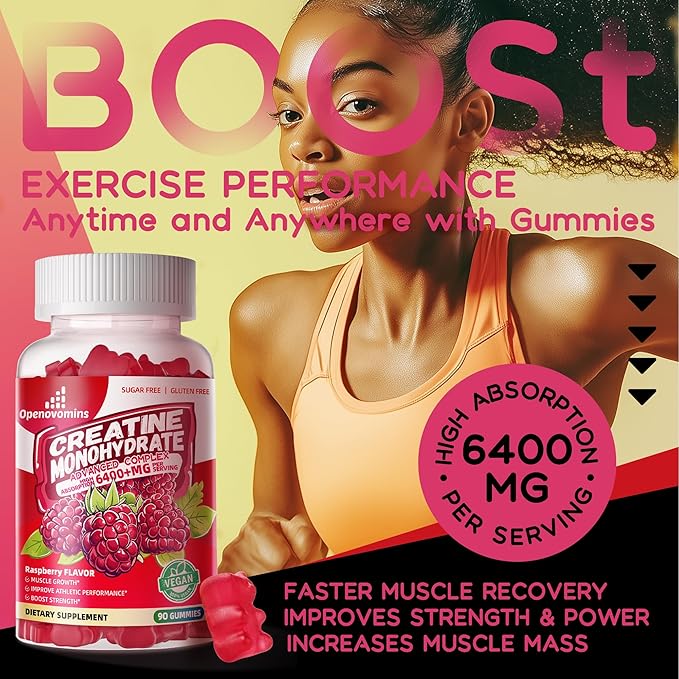 Creatine Monohydrate Gummies Complex 6400mg for Men & Women -Advanced Formula W/L-Taurine + Vitamin B12, Sugar Free Chewable Supplement,180 Raspberry Gummies 2pack
