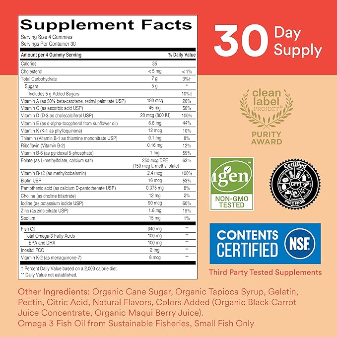 SmartyPants Kids Multivitamin Gummies: Omega 3 D3, C, B12, B6, B6, Vitamin 120 Count (30 Day