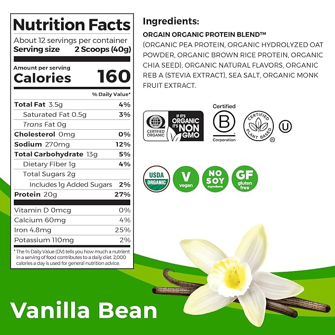 Orgain Organic Vegan Protein Powder + 20g Plant 1.05lb