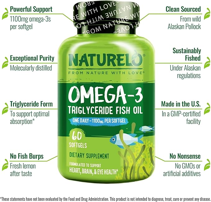 NATURELO Burpless Omega 3 Fish Oil Supplement 1100mg Triglyceride Omega-3, EPA 3 for 60 Softgels, 2 Months