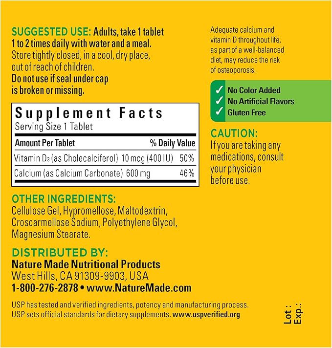 Nature Made Calcium 600 mg D3, Dietary 60 Tablets