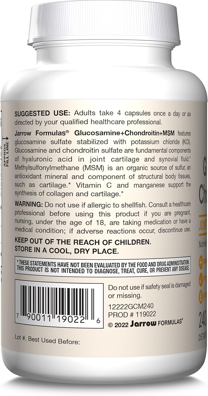 Jarrow Formulas Glucosamine + Chondroitin + 240 Capsules- 60 Servings- 12