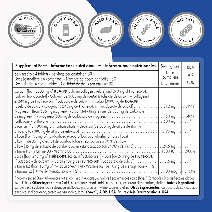 SuperSmart - Super Bone Formula (Advanced Complex) - with Calcium, Magnesium, Vitamin K2, D3 & Strontium Supplement | Non-GMO & Gluten Free - 120 Tablets