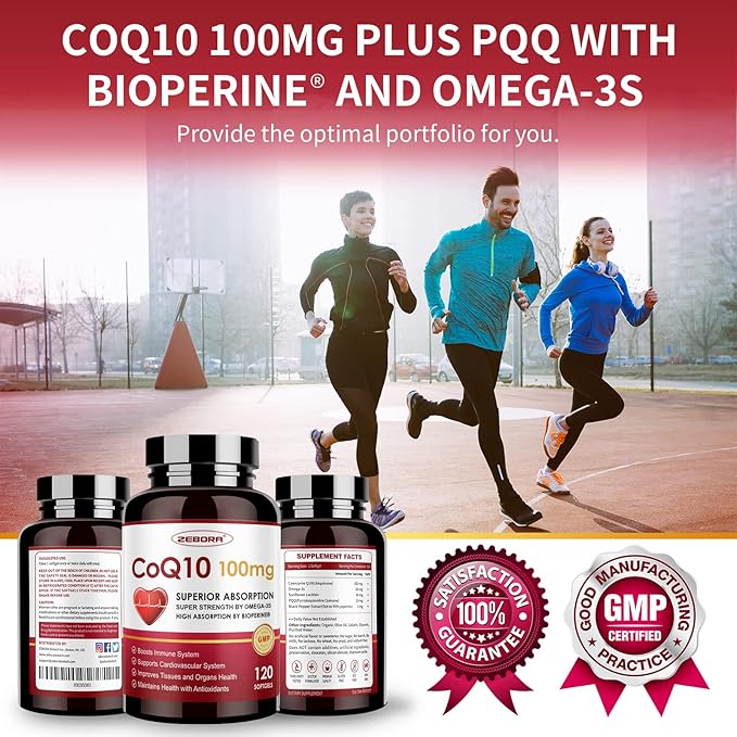 CoQ10-100mg-Softgels with PQQ, BioPerine & Omega-3, Q10 Supplement, 120 Servings,