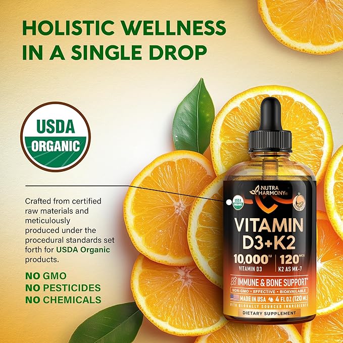 Vitamin D3 K2 USDA Organic Drops - Vitamin D3 10000 IU & K2 as MK-7 120mcg - Immune & Mood Support, Bone & Teeth Health - Sugar-Free Orange Flavor - Liquid Supplement - Made in USA - 4 FL OZ, 120 Days