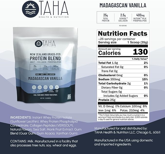 Taha Health & Nutrition Mind+Body+Soul Protein Blend 25g of 400mg Milk 2LB