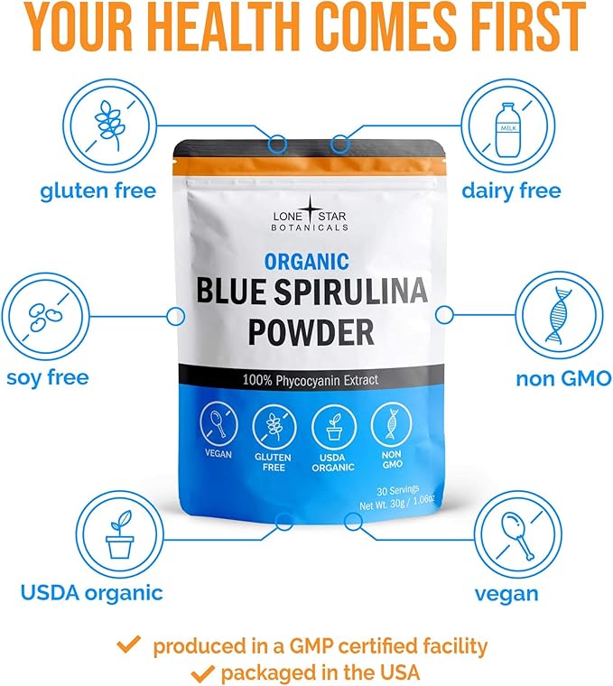 Organic Blue Spirulina Powder - 100% Pure Superfood Blue-Green Algae, No Fishy Smell, Natural Food Coloring for Smoothies & Protein Drinks - Non GMO, Gluten-Free, Vegan + USDA Certified, 60 Servings