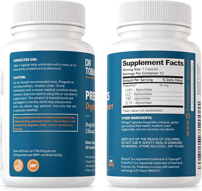 Dr. Tobias Prebiotics, Supports Digestion & Gut Health, Feed Good Probiotic Bacteria, Boost Gut Immune Function, Vegan & Non-GMO Gut Health Supplements for Men and Women, 60 Capsules, 60 Servings