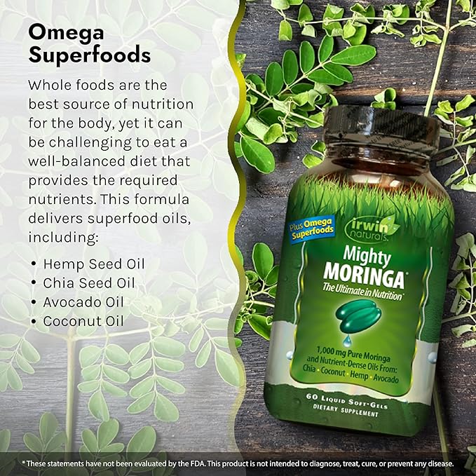Irwin Naturals Mighty Moringa 1,000 mg - 60 Liquid Softgels, Pack of 2 - with Chia, Coconut, Hemp, Avocado & Omega Superfoods - 60 Total Servings