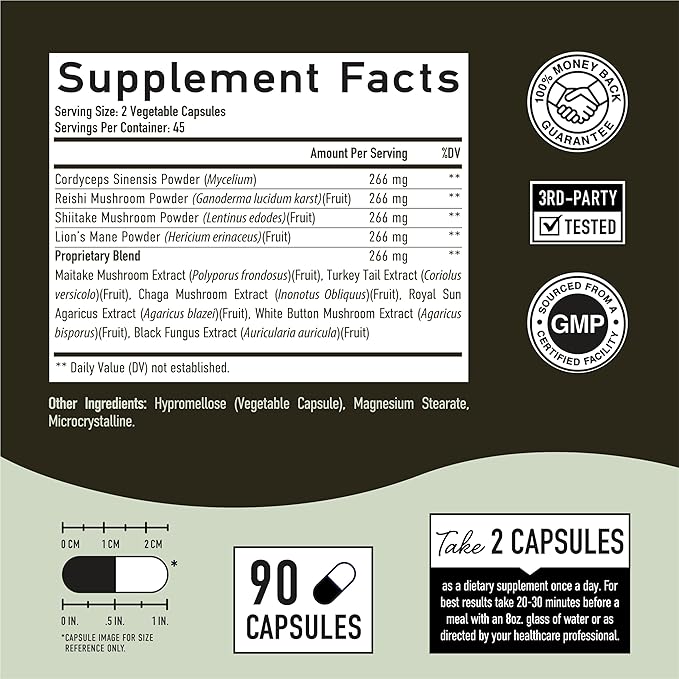 10 Mushroom Complex Supplement 1300+ MG 90 Capsules