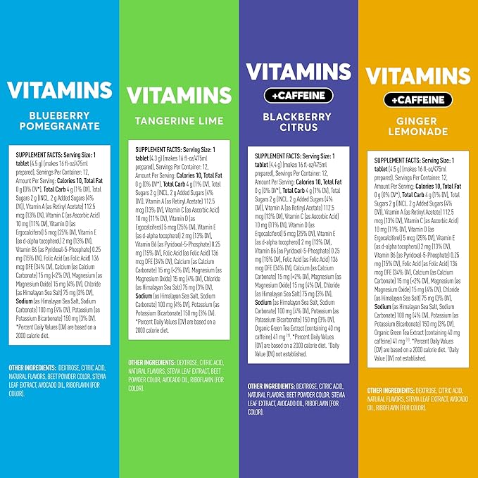 Nuun Hydration Vitamins Electrolyte Tablets, Mixed Flavor Pack + Caffeine, 5 Essential Electrolytes for Hydration + Vitamin A, B6, C, D, E, with Magnesium, Vegan, Non-GMO, 4 Pack (48 Servings)