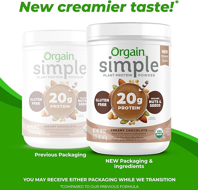 Orgain Organic Simple Vegan Protein Powder, Chocolate - 20g Plant Based Protein, With less Ingredients, No Artificial Sweeteners, Gluten Free, No Lactose Ingredients, 1.25 lb (Packaging May Vary)