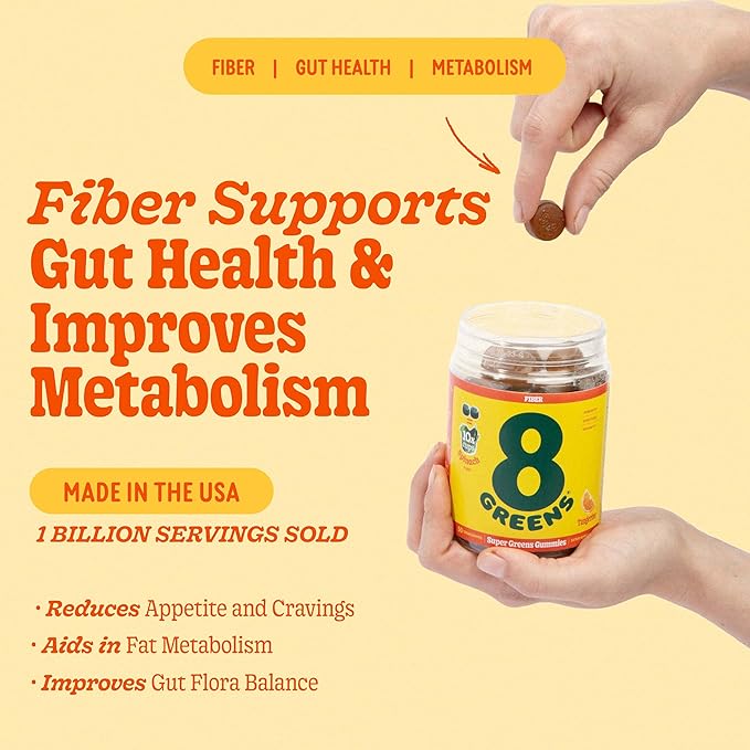 8Greens Daily Fiber Super Greens Gummies - Tangerine Flavor: Boost Immune System & Digestive Health with 8 Real Greens - Non-GMO Formula, Chewables, 50 Vegan Gummies, Pack of 3