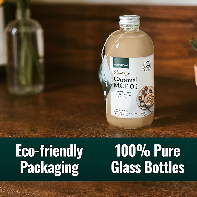 Natural Force Creamy Caramel MCT Oil – Non Dairy, Keto Certified, Emulsified MCTs for Low-Carb, Ketogenic Coffee, Smoothies, & Shakes - Mixes Instantly + No Blending Required – 16 Oz Glass Bottle
