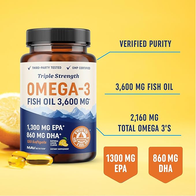 Triple Strength Omega 3 Fish Oil 3600 mg 2100mg of 3 Fatty 1300mg EPA 860mg DHA (120 Ct)