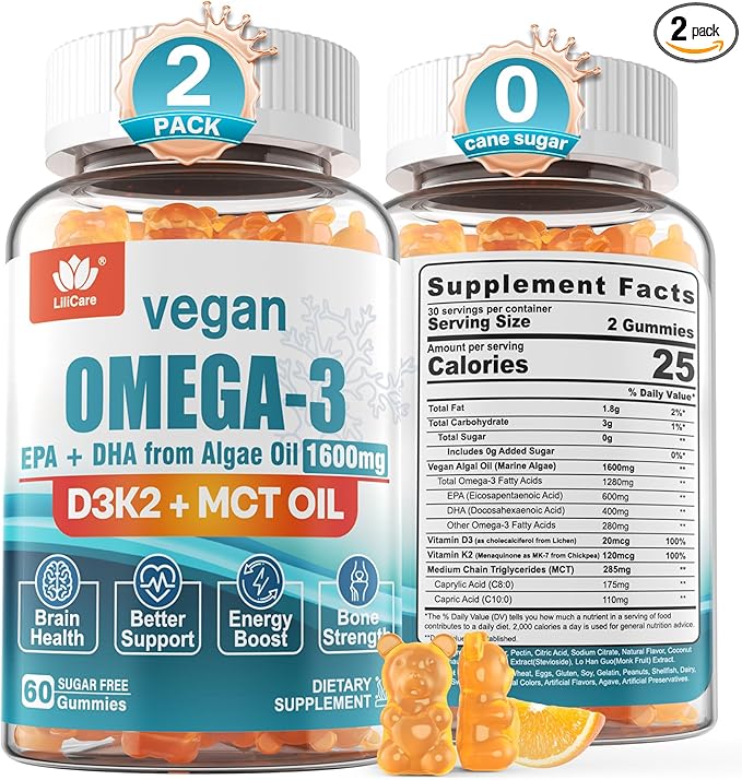 Vegan Omega3 Gummies 1280mg + Vitamin D3 K2, Sugar Free Omega 3 Fish Oil Alternative w/EPA 600mg & DHA 400mg & MCT Oil, No Fish Taste, from Marine Algae Oil, for Brain, Eye, Immunity, 2 Pack