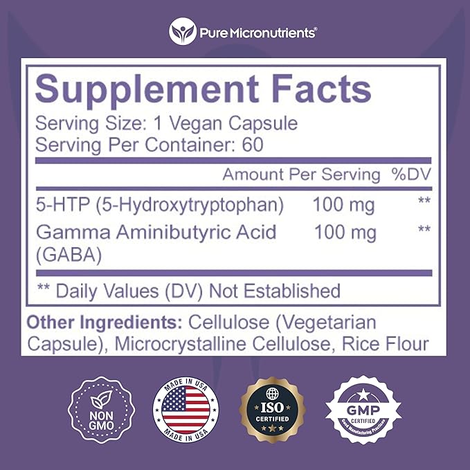 Pure 5-HTP (5-Hydroxytryptophan) Plus GABA Supplement 60 Veggie