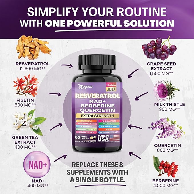 Resveratrol Supplement 12600mg NAD+ 100mg Milk 900mg Berberine 4000mg Fisetin 500mg Quercetin 800mg NAC 100mg Grape 400mg Green 400mg with (60 Caps)