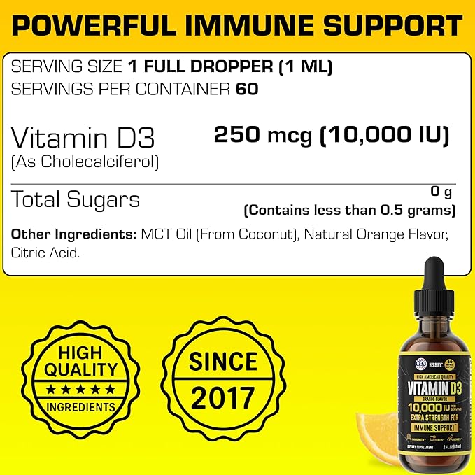 HERBIFY Vitamin D3 10000 IU - Made in USA Liquid Vitamin D Drops - Bone Strength and Immune Support Supplement - Sunshine Replacement - D3 Vitamin Bone and Teeth Supplement - 2 Oz
