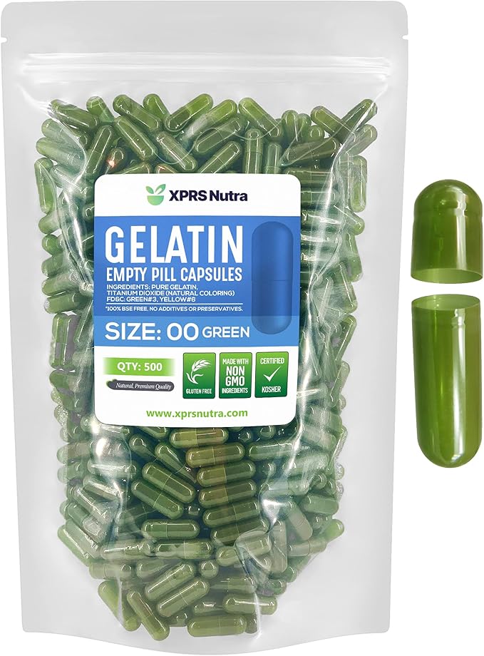 XPRS Nutra Size 00 Empty Capsules - 500 Count Empty Gelatin Capsules - Empty Pill Capsules - DIY Capsule Filling - Fillable Pill Capsules Empty Gel Caps (Green)
