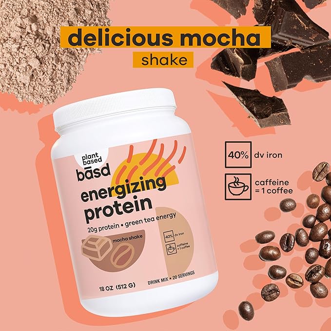 basd Energizing Protein, Mocha Shake 20g Protein, 20 Servings, 100mg Caffeine, 512g Tub