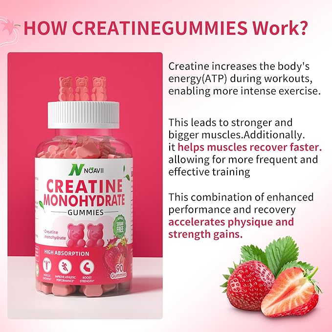 Creatine Monohydrate Gummies 5000mg for Men & Women, Chewables Creatine Monohydrate for Muscle Strength, Muscle Builder, Energy Boost, Pre-Workout Supplement-180 Strawberry Gummies