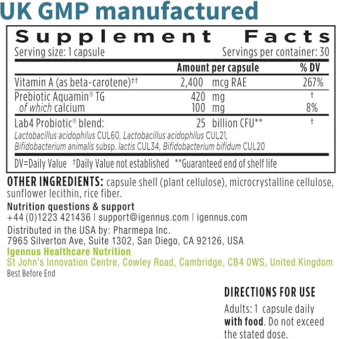 Igennus Probiotics & Prebiotic, Lactobacillus Acidophilus & Bifidobacterium, Live Cultures+ Lab4, Guaranteed 25 Billion CFU, for Women & Men, Non-Bloating Gut Health Support, Non-GMO, 6 x 30 Capsules