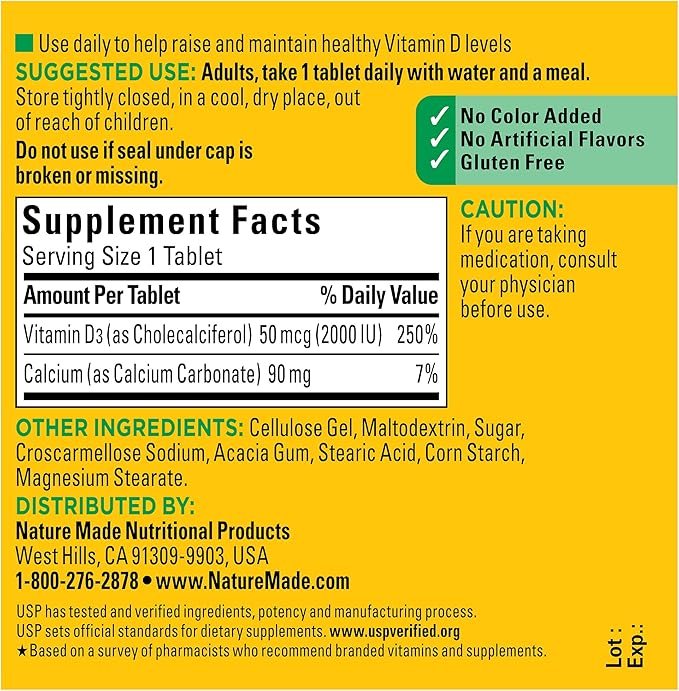 Nature Made Vitamin D3 2000 IU (50 mcg), 100 Tablets, 100 Day