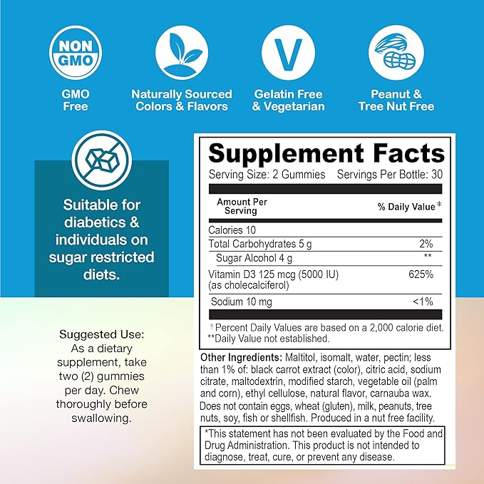 Yum-Vs - Vitamin D3 Gummies with Zero Sugar for Adults & Kids (125 mcg - 60 Count) - Sugar Free Vitamin D Gummies - Vegetarian Gummy Vitamins for Bone Support & Immune Health - Vit D3 Vitamin Chewable