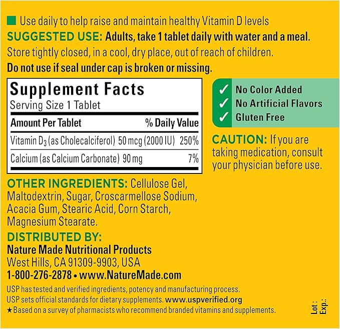 Nature Made Vitamin D3 2000 IU (50 mcg), 400 Tablets, 400 Day