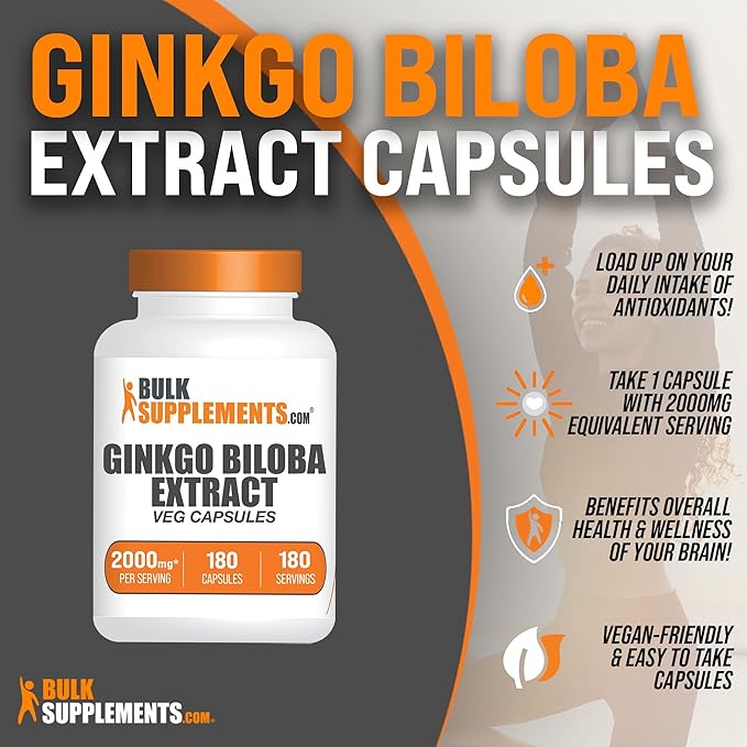 BulkSupplements.com Ginkgo Biloba Extract Capsules 2000mg, Ginkgo 1 Capsule 180 Veg
