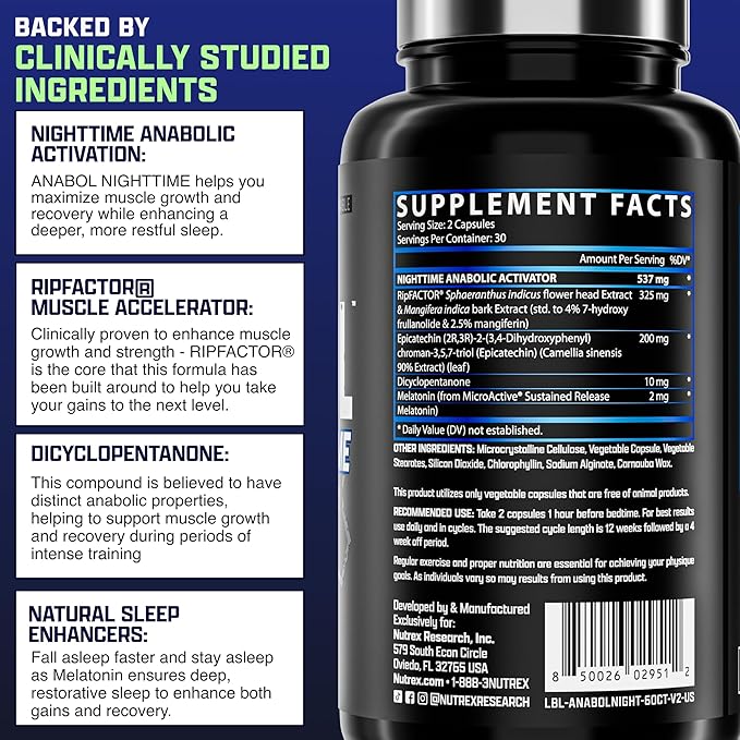 Anabol PM Nighttime Muscle Builder & Sleep Aid | Anabolic Muscle Building Supplement | Clinically Researched RIPFACTOR, Epicatechin & More | Post Workout Muscle Recovery & Strength – 60 Pills