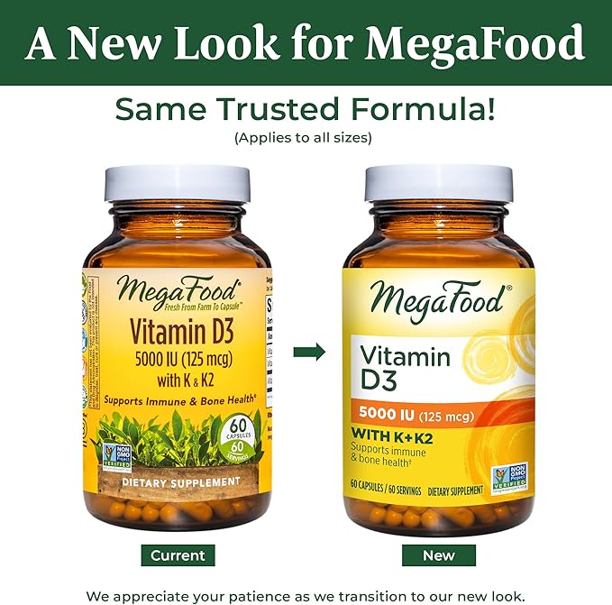 MegaFood Vitamin D3 5000 IU (125 mcg) D3 K2, K2, Supports 60 Mini 60 Servings