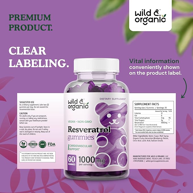 Wild & Organic Resveratrol Gummies 1000mg Organic 60 Antioxidant